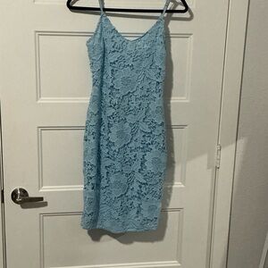 Light Blue Lace Midi Slip Dress with Spaghetti Straps